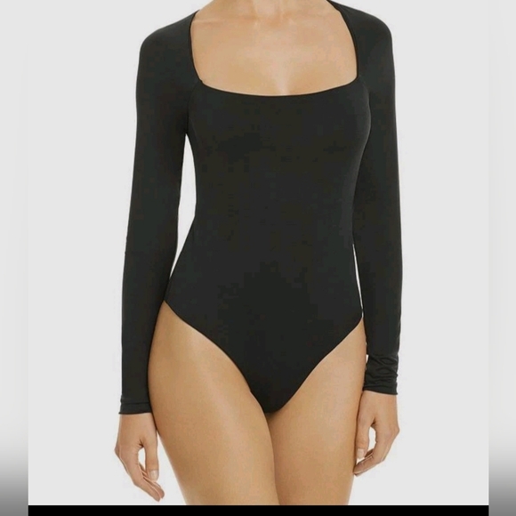 Jonathan Simkhai Tops - Jonathan Simkhai Black Square Neckline Super Soft Long Sleeve Thong Bodysuit